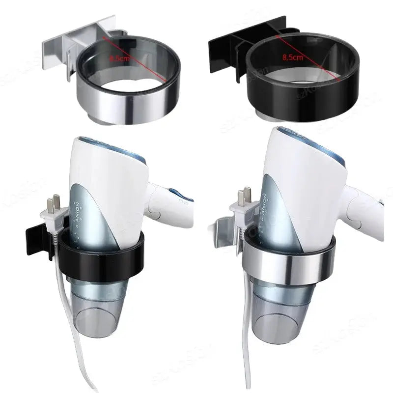No Punching hair dryer holder rack; adhesive wall-mount, black and silver finishes, two units shown, Simples Market