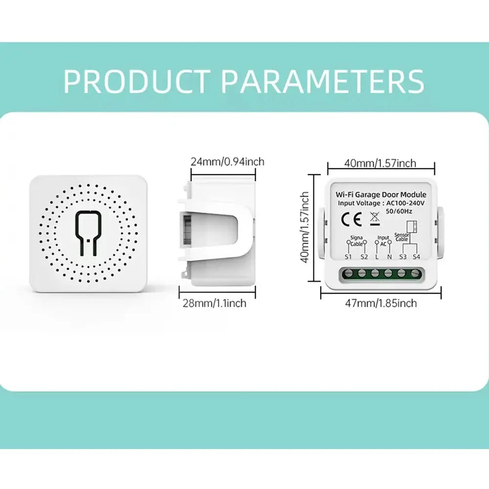 Smart Wi-Fi garage door module, white plastic with 4-terminal block, compact 40x47x28 mm.