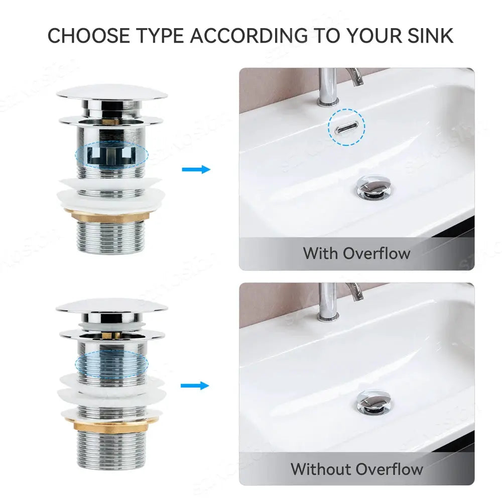 2 gold-tone pop-up bathroom sink drain buttons with overflow for washbasin drainage