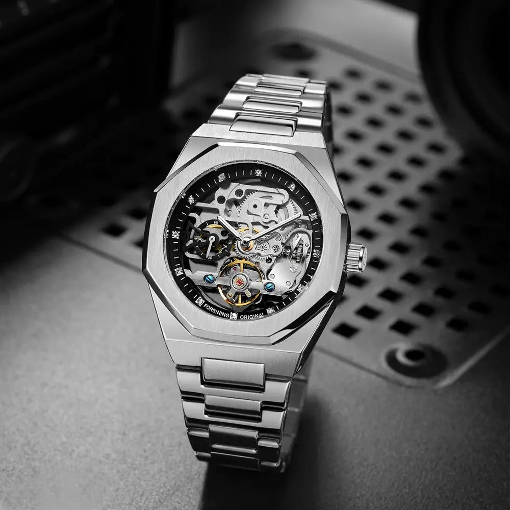 Forsining skeleton automatic mechanical men's watch with stainless steel bracelet and luminous hands