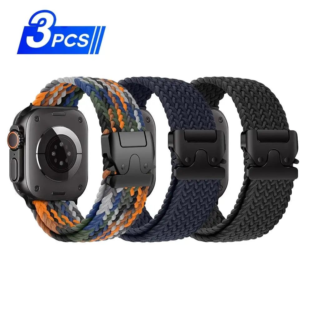 Parachute braided Apple Watch bands, 3pc set in multicolor, navy, and black nylon straps from Simples Market.