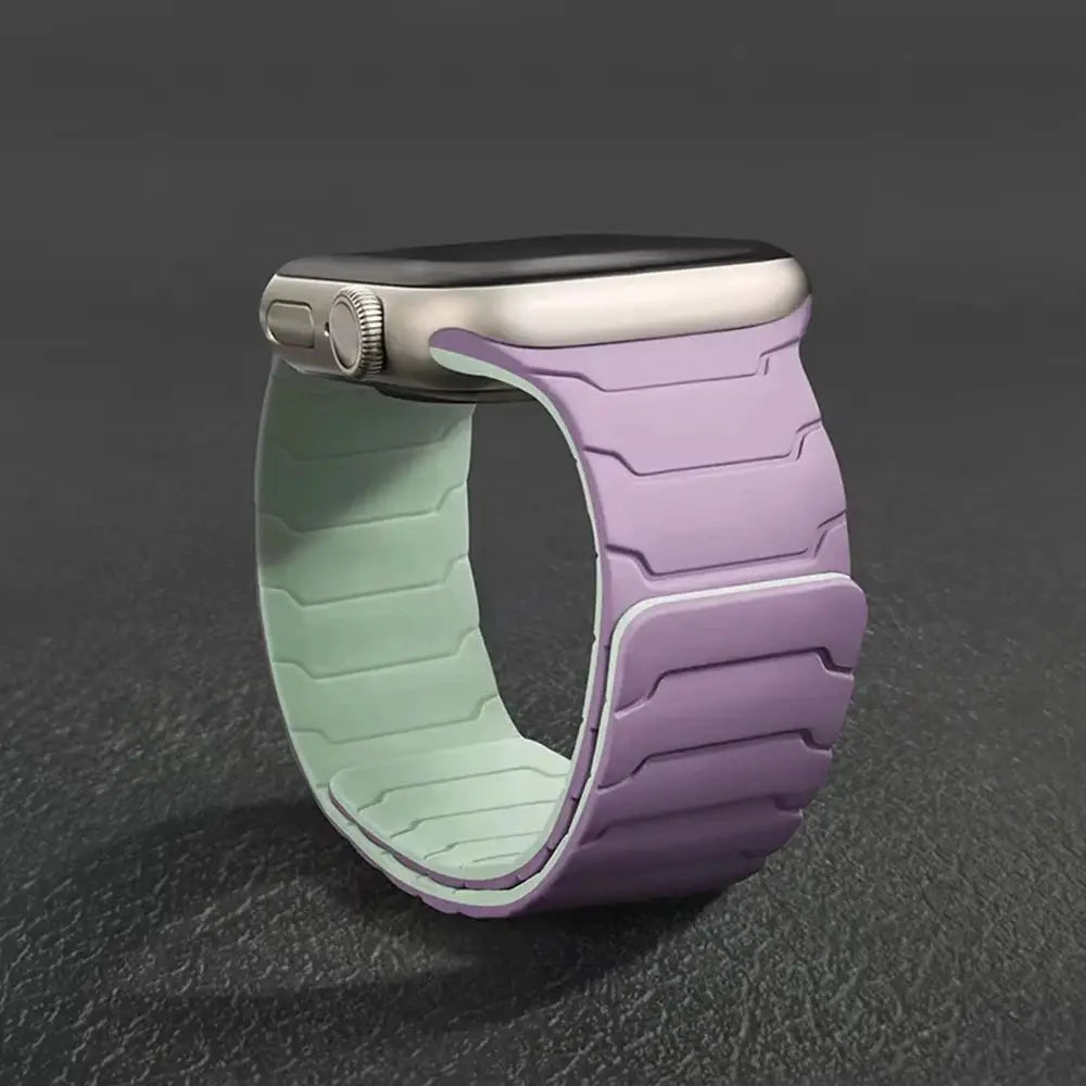 Simples Market silicone magnetic Apple Watch band, pastel purple outside with mint interior, fits 40–49mm.