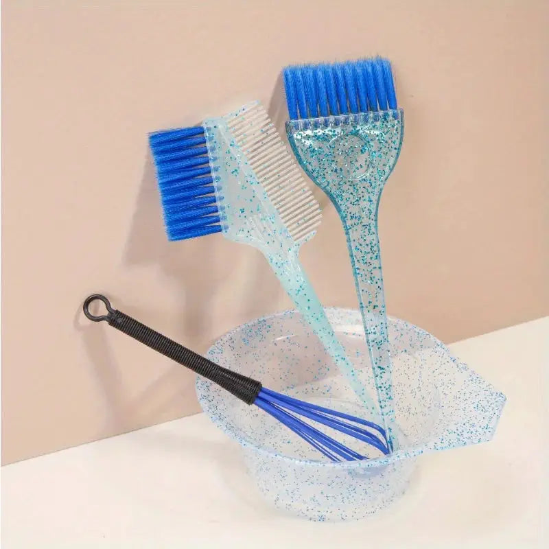 4-piece hair styling and highlight dyeing set with blue glitter brushes and a transparent pearl dyeing brush in a speckled cup