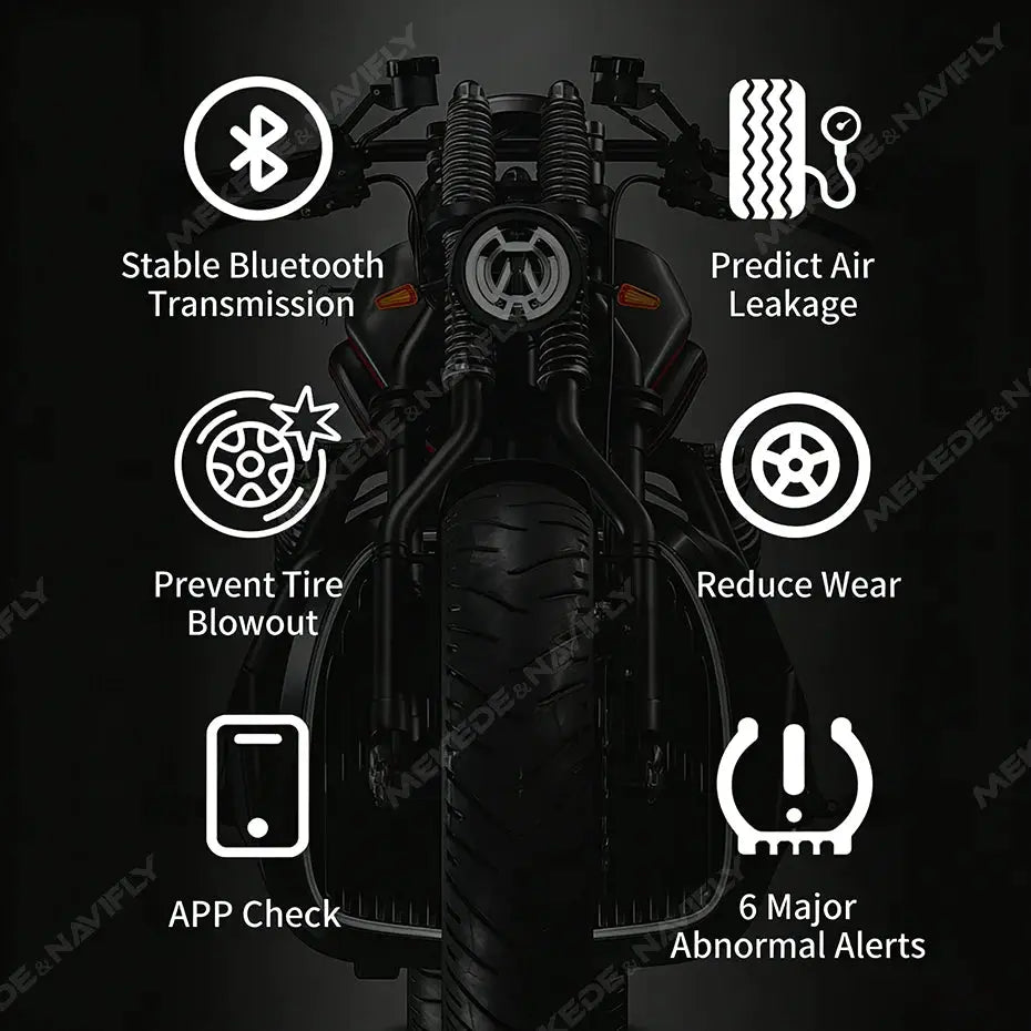 Navifly TPMS by Simples Market for iOS/Android motorcycle and car tire pressure monitoring with Bluetooth and 6 alerts.