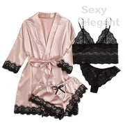 LuxeSilk 4 Piece Satin Sleepwear Set With Lace Robe For Women Breathable Silk Comfort And Elegant Nightwear