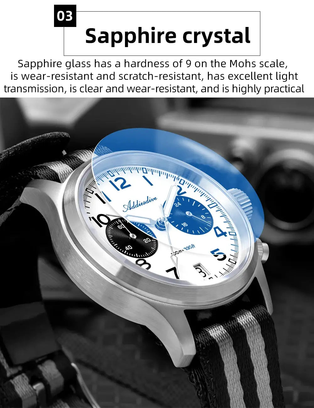 Addiesdive men's stainless steel watch with white dial, blue subdials, and a black/gray striped fabric strap