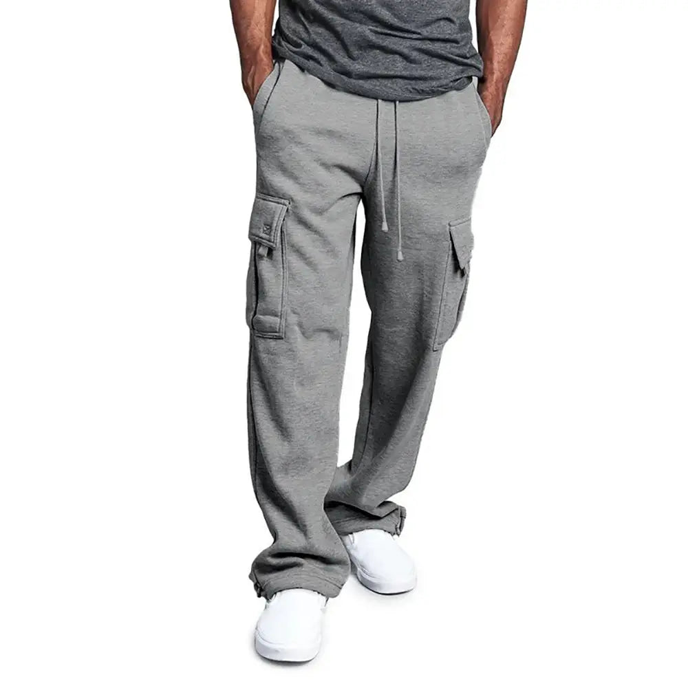 Simples Market men's grey cargo joggers with drawstring, multiple pockets, loose straight fit