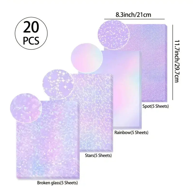 20-sheet A4 holographic PVC sticker paper set with rainbow, broken glass, stars and dots patterns; self-adhesive.