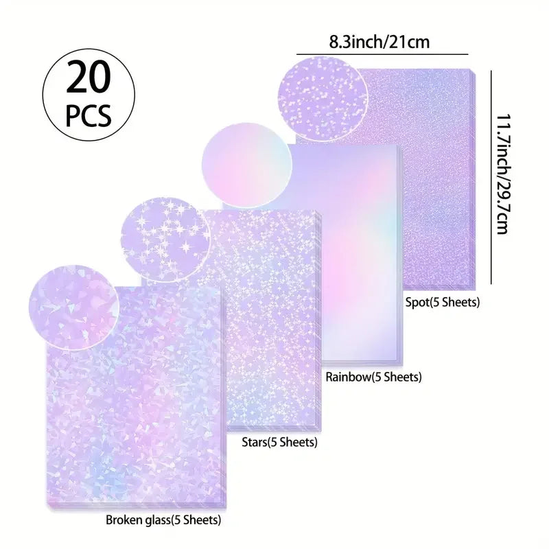 Simples Market 20-sheet holographic PVC sticker paper set, A4, rainbow, broken glass, stars, dots patterns