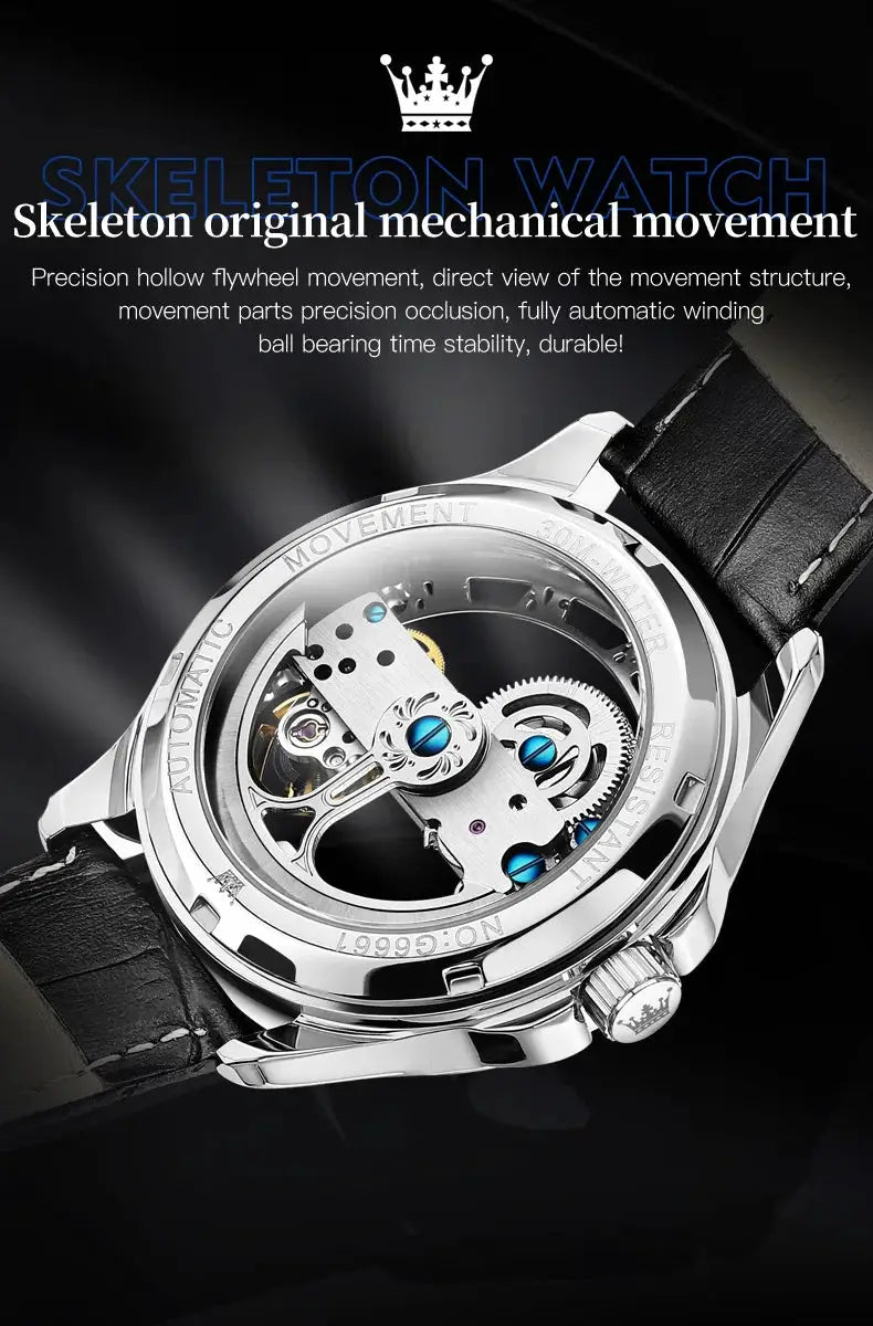 OLEVS 6661 skeleton automatic watch with black leather strap and silver case, visible movement through transparent back.