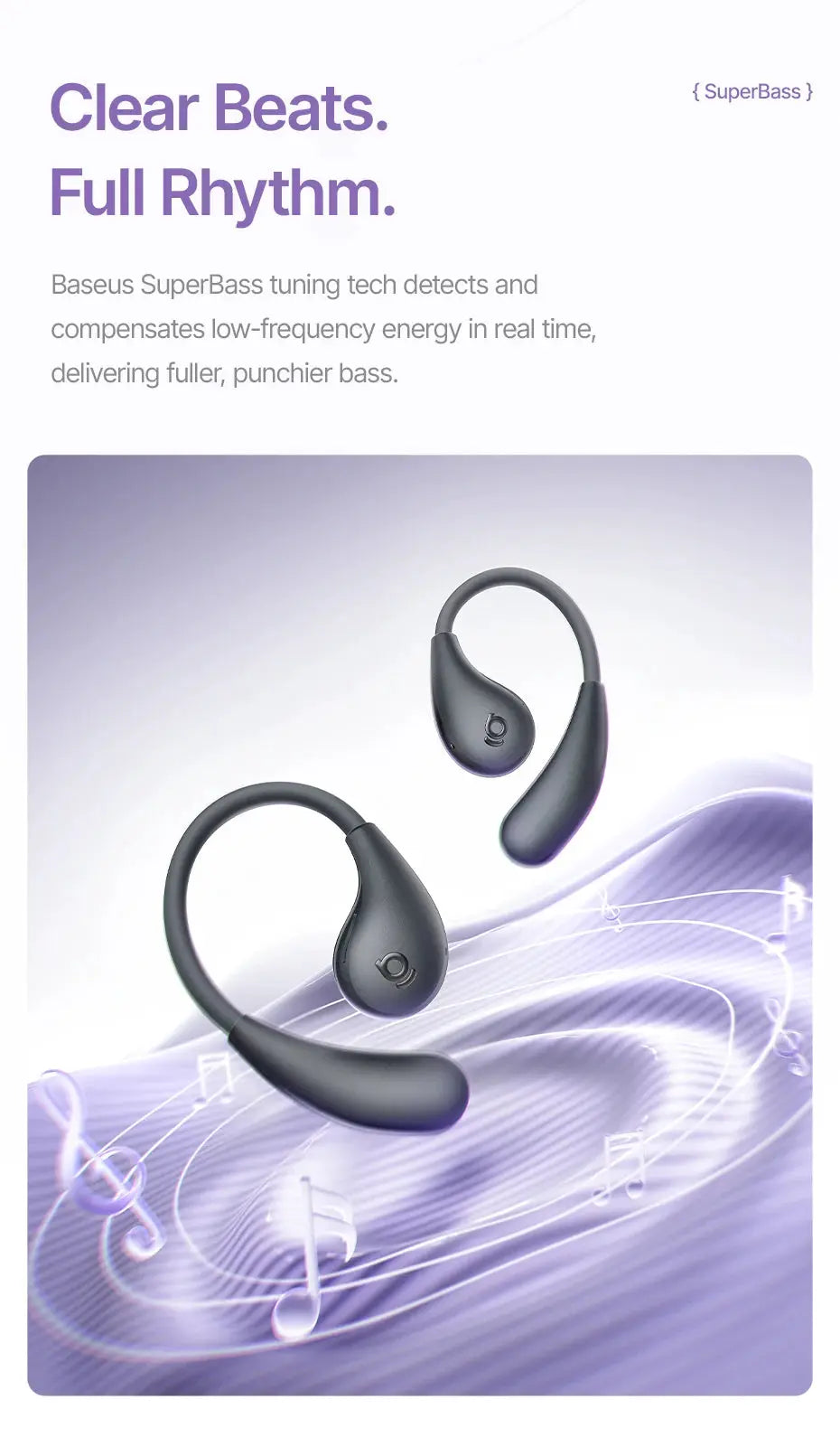 Baseus BF1 Lite Open-Ear Sport Wireless Earphones with EarHooks, Bluetooth 5.4, dark gray pair
