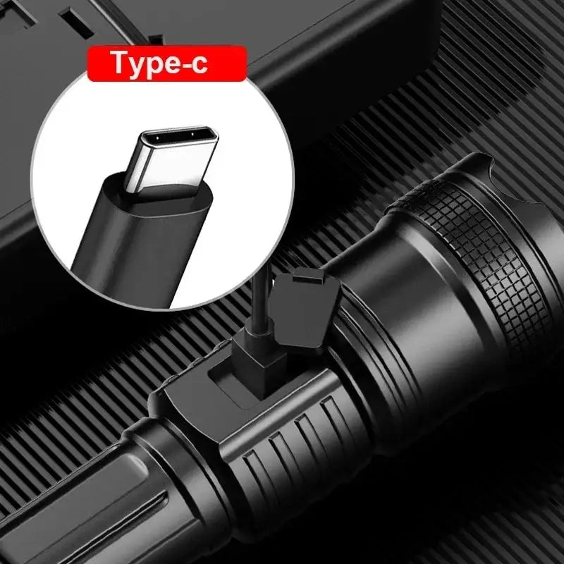 100000LM Super Bright Flashlight Type-C rechargeable LED torch, black outdoor tactical lamp Simples Market