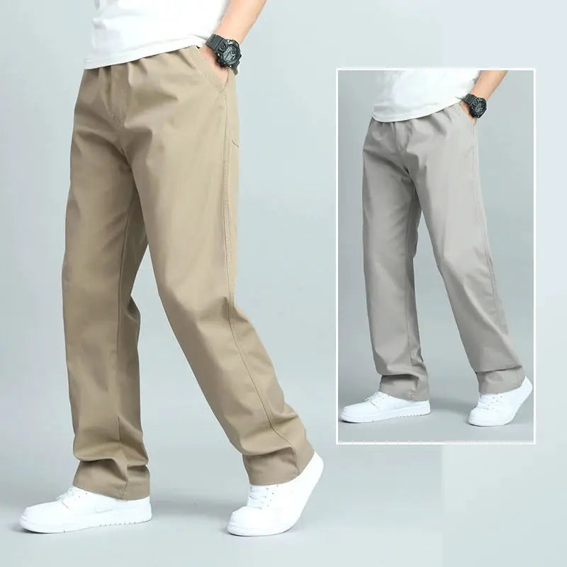 Big size men's casual cotton trousers in beige and gray, loose-fit straight pants with multiple pockets.