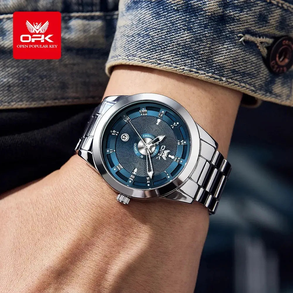 Men's stainless steel watch with blue dial and metal bracelet by Simples Market; OPK logo visible