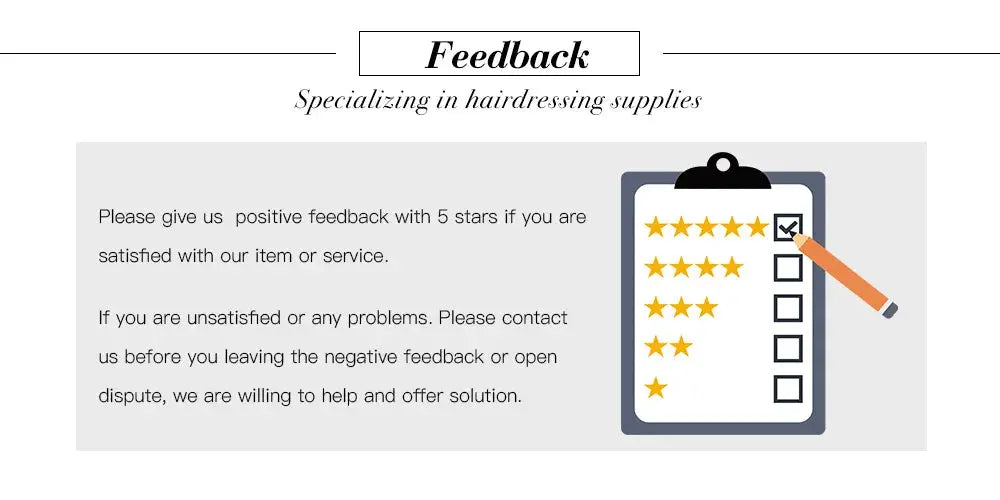 Feedback request graphic showing a clipboard with star rating and pencil on a gray panel.