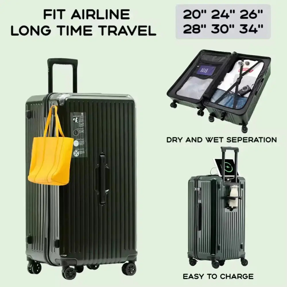 Simples Market luggage suitcase with USB charging, large capacity green carry-on in 20/24/26/28 inch sizes