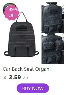 Black back seat car organizer with MOLLE webbing and nylon carabiner hooks
