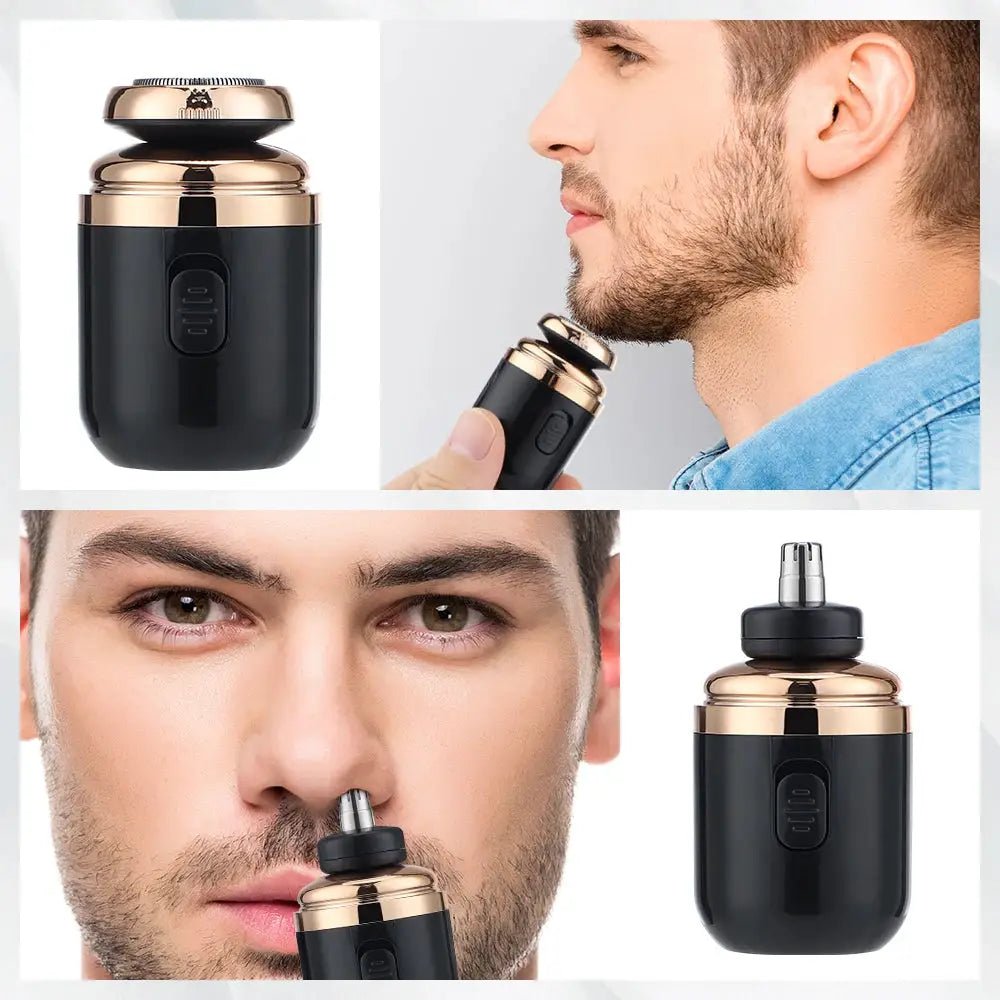 Mini travel electric razor with black body and rose-gold cap; Type-C charging