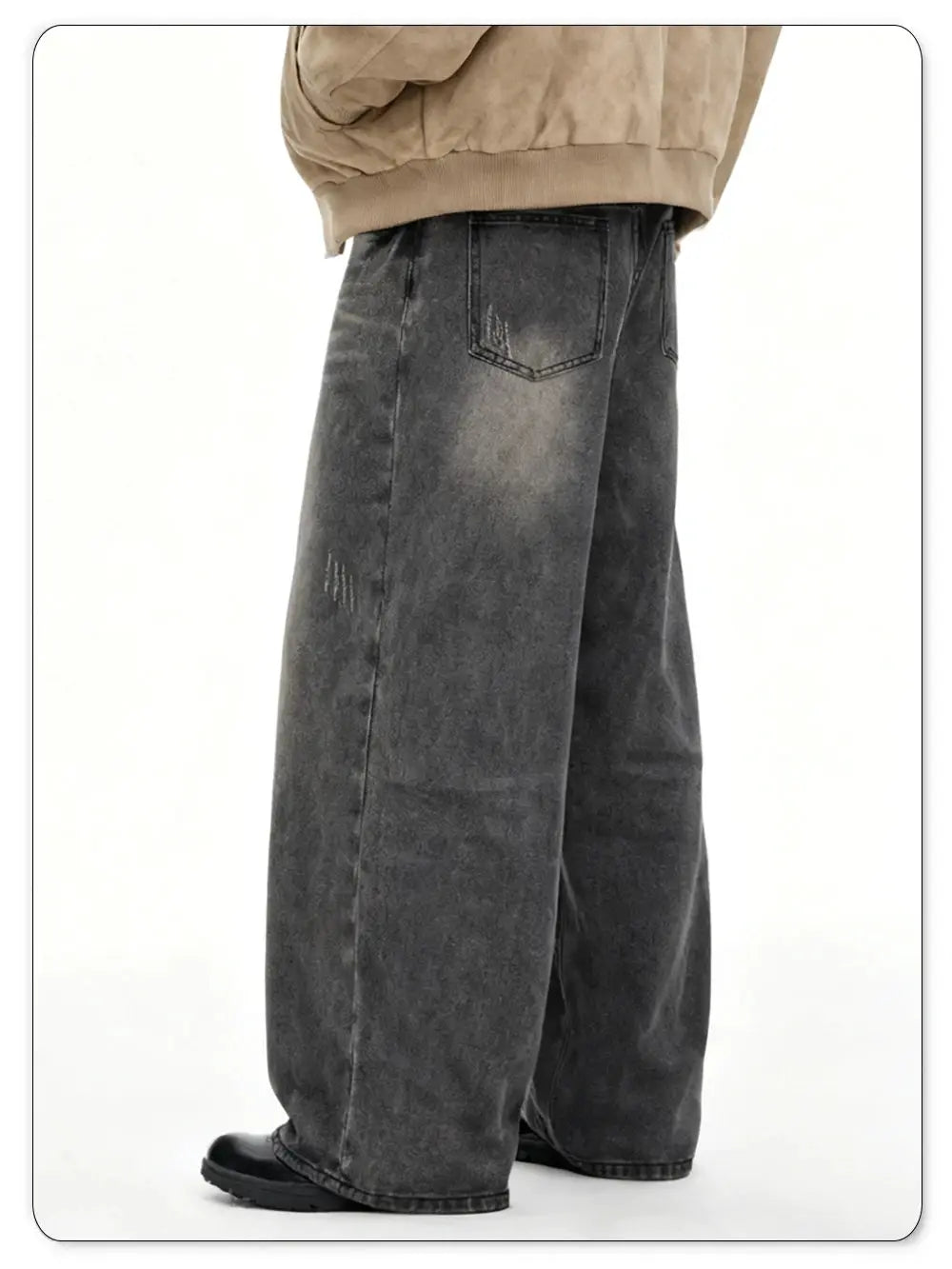 Men's gray baggy wide-leg denim jeans, loose fit, retro American style.