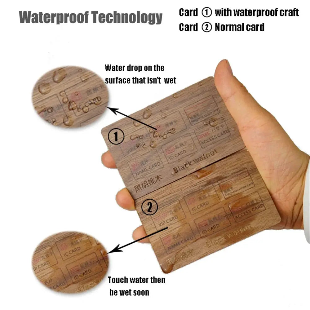 Wooden NFC RFID card by Simples Market, laser-engraved wood grain design, 13.56MHz