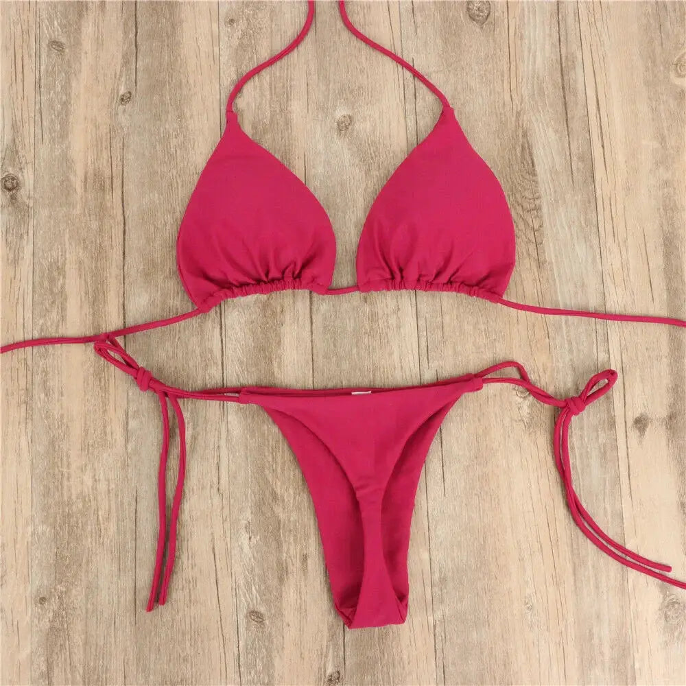 Pink two-piece bikini set with triangle top and thong bottom, tie-side adjustable strings