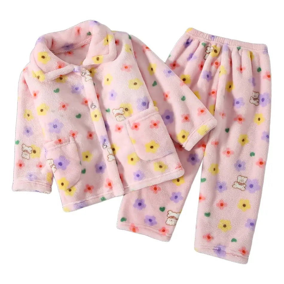 Cute Cartoon Pattern Coral Fleece Flannel Pajama Sets For Boys And Girls Long Sleeve Warm Comfortable Winter Sleepwear