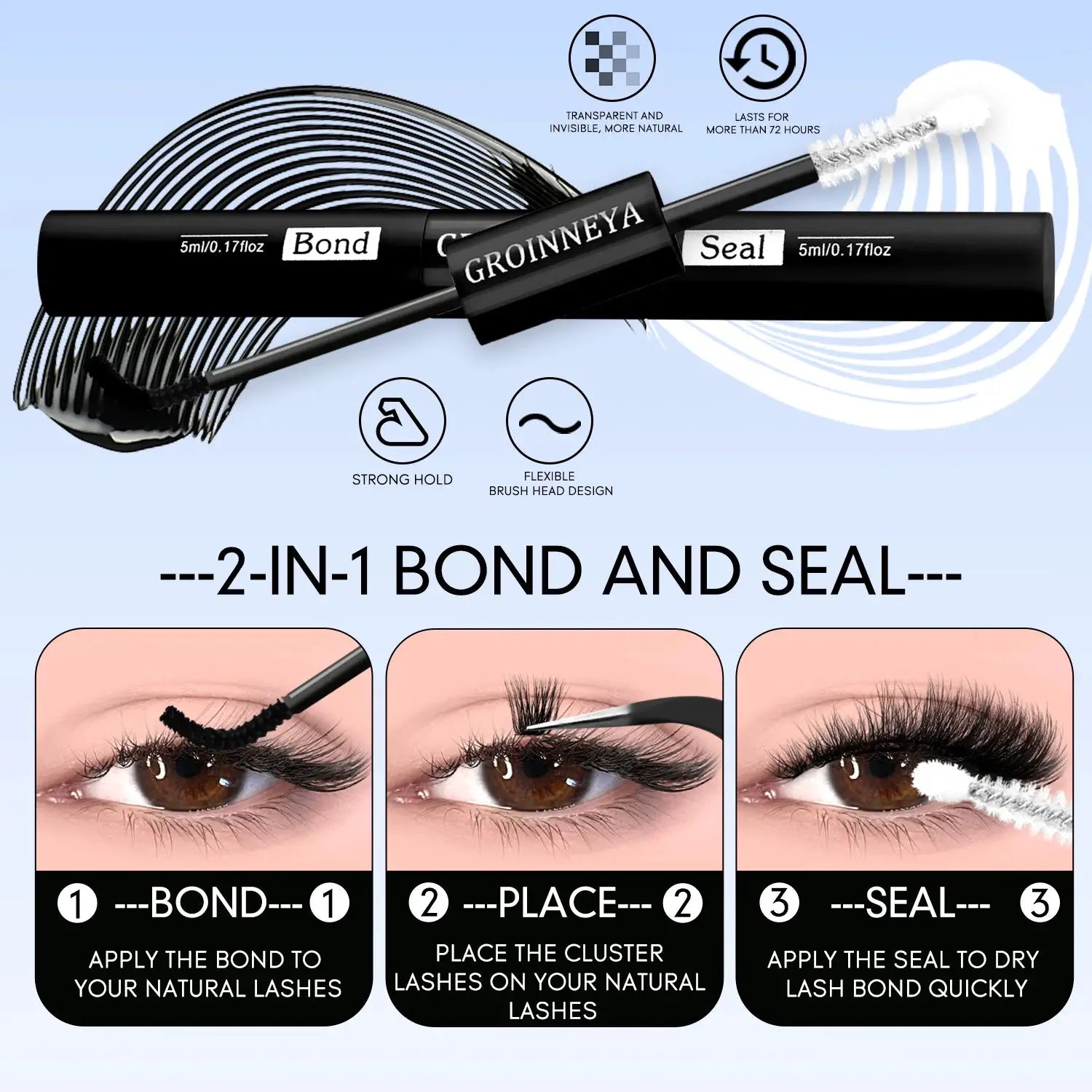 GROINNEYA Lash Clusters Kit Waterproof Strong Hold DIY Lash Extension Kit Bond And Seal Eyelash Tweezers Makeup