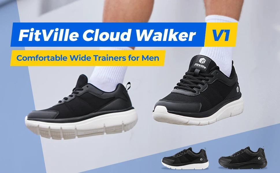 FitVille Cloud Walker men's walking shoes, wide width, black with white cushioned soles; four views