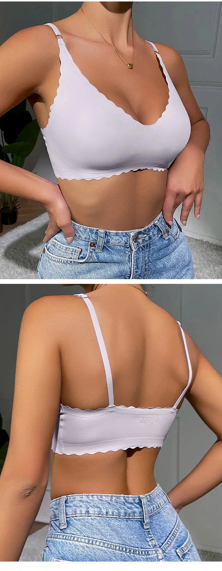 White wire-free padded bra with scalloped edges; seamless, laser-cut design, front and back views.