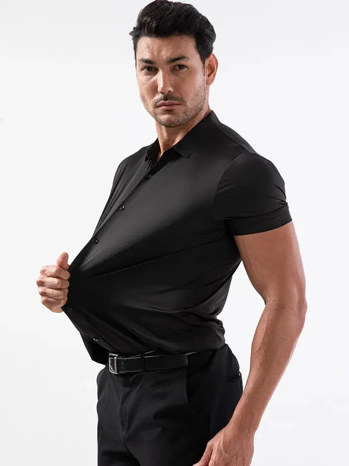 Men's black short-sleeve wrinkle-free dress shirt with button front, office-ready.