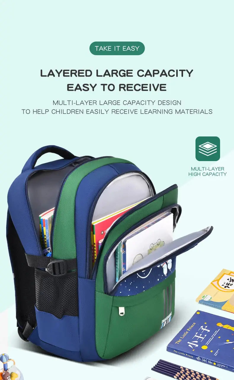 Kids' blue and green waterproof school backpack with multiple compartments
