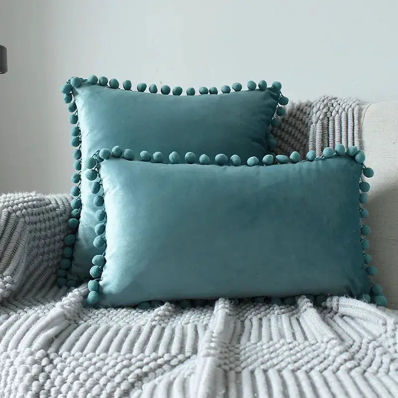 Velvet cushion covers by Simples Market, teal with tassel fringe, set of two decorative sofa pillows