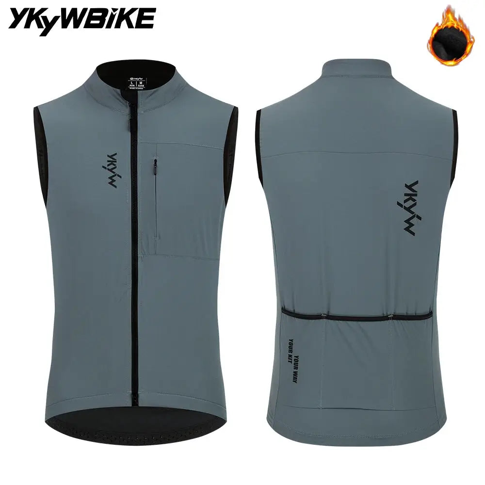 YKYWBIKE men’s sleeveless cycling windbreaker vest in gray thermal fleece with front zip and chest pocket