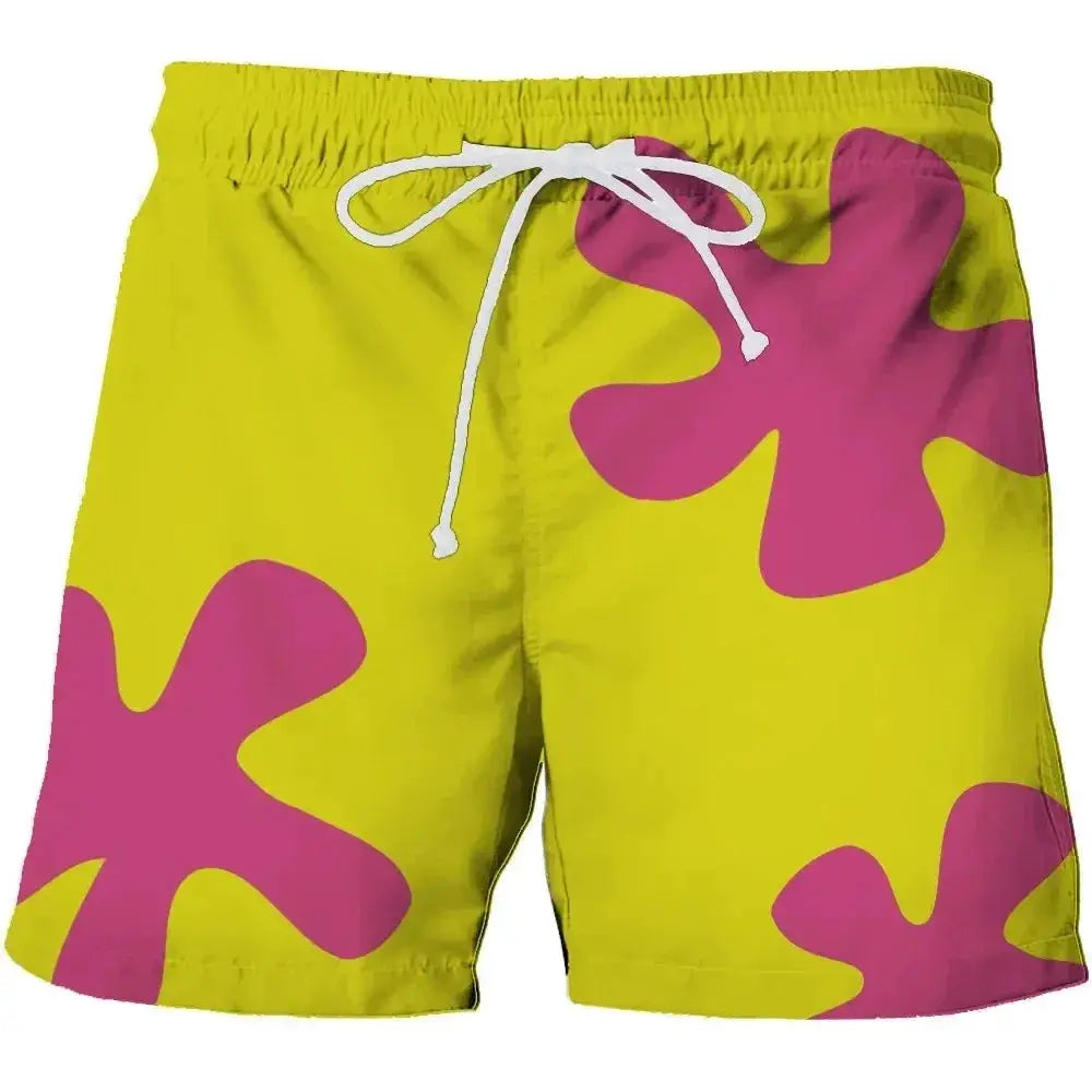 Patrick Star board shorts from Simples Market, bright yellow with pink abstract prints, quick-dry beach trunks