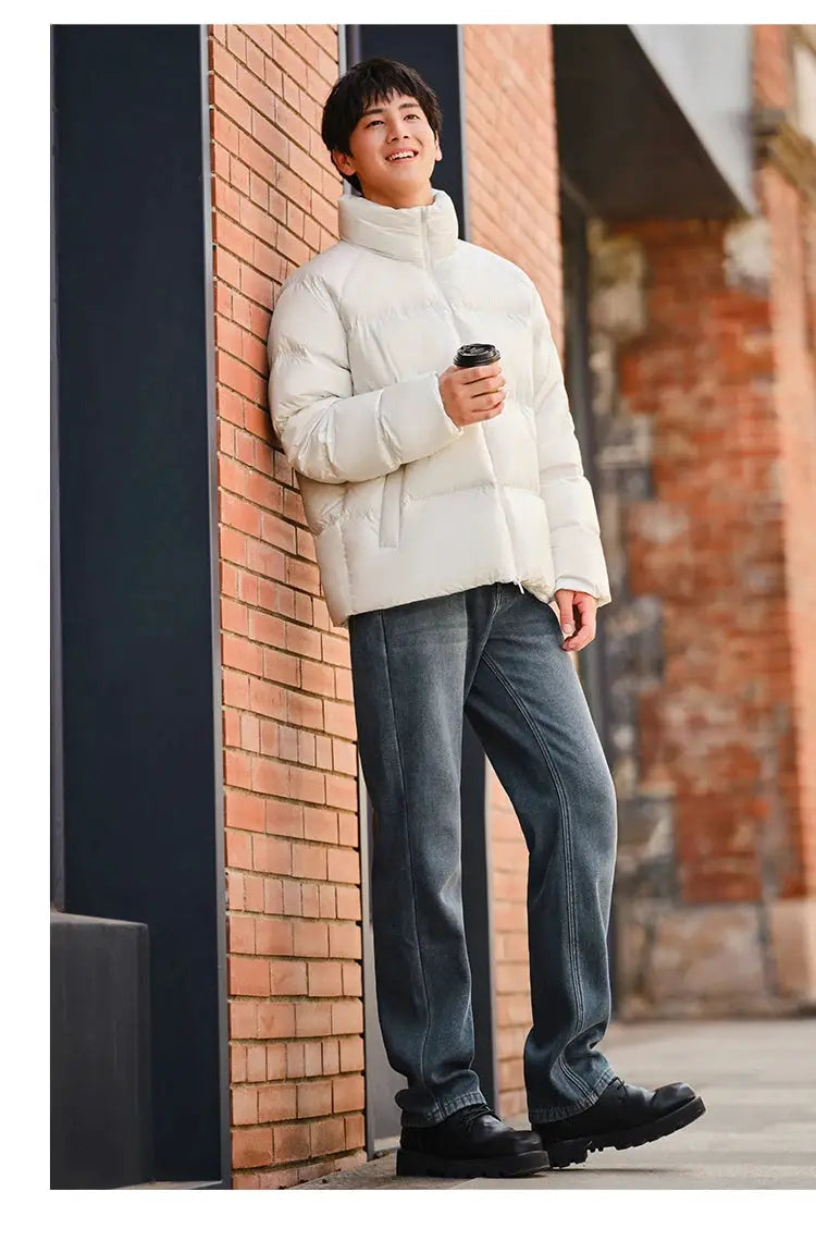 Semir down jacket white short puffer coat, unisex thermal outerwear worn by a man outdoors.