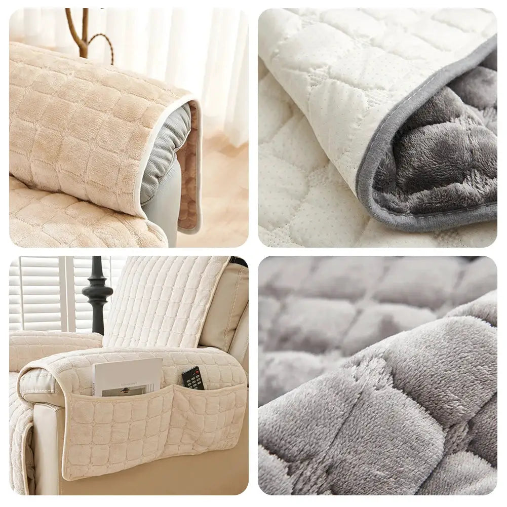 Recliner sofa protector cover with armrest pockets in beige plush quilted fabric