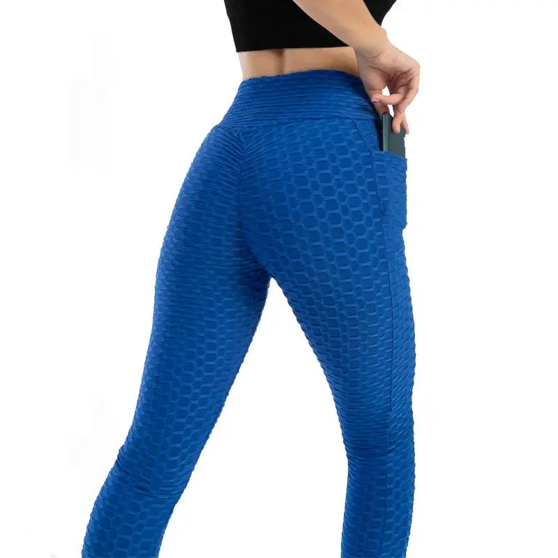 Women's blue bubble-pocket leggings, high-waist stretchy gym pants by Simples Market