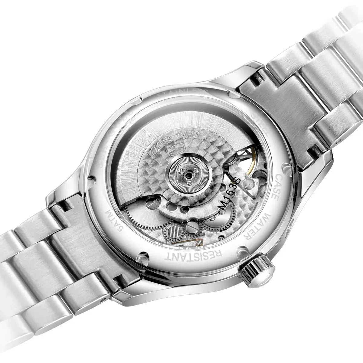Seagull men's automatic mechanical watch with stainless steel band and exhibition case back