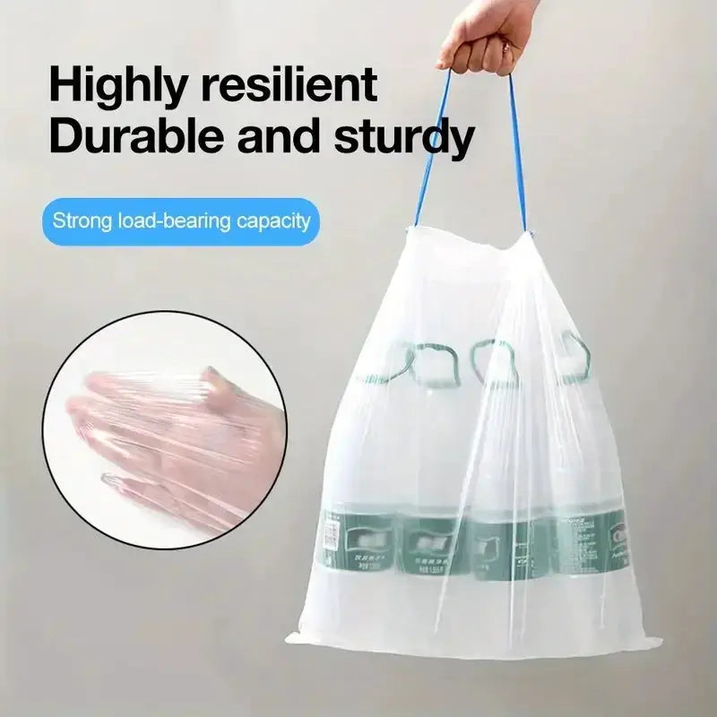 Drawstring garbage bag, clear thickened plastic, large household trash bag with blue drawstrings.