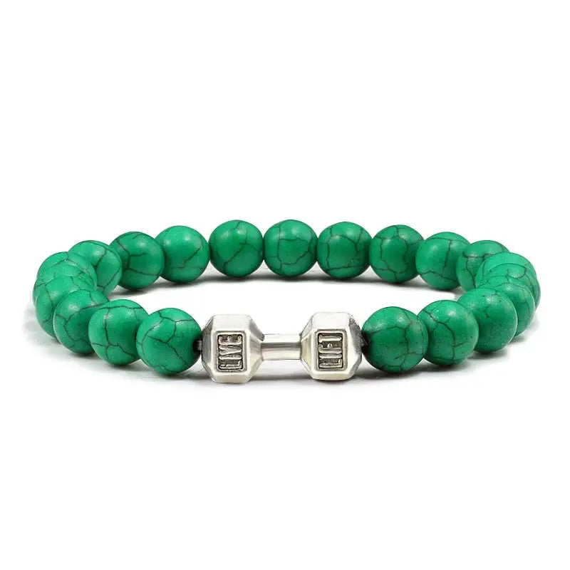 Natural Volcanic Stone Bracelet For Men And Women Matte Black Lava White Beads Dumbbell Charm Strand Fitness Jewelry