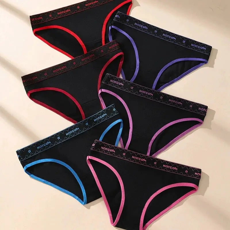 6Pcs set of women’s cotton panties in black with red, purple, blue and pink trims; HOTCOM waistband branding