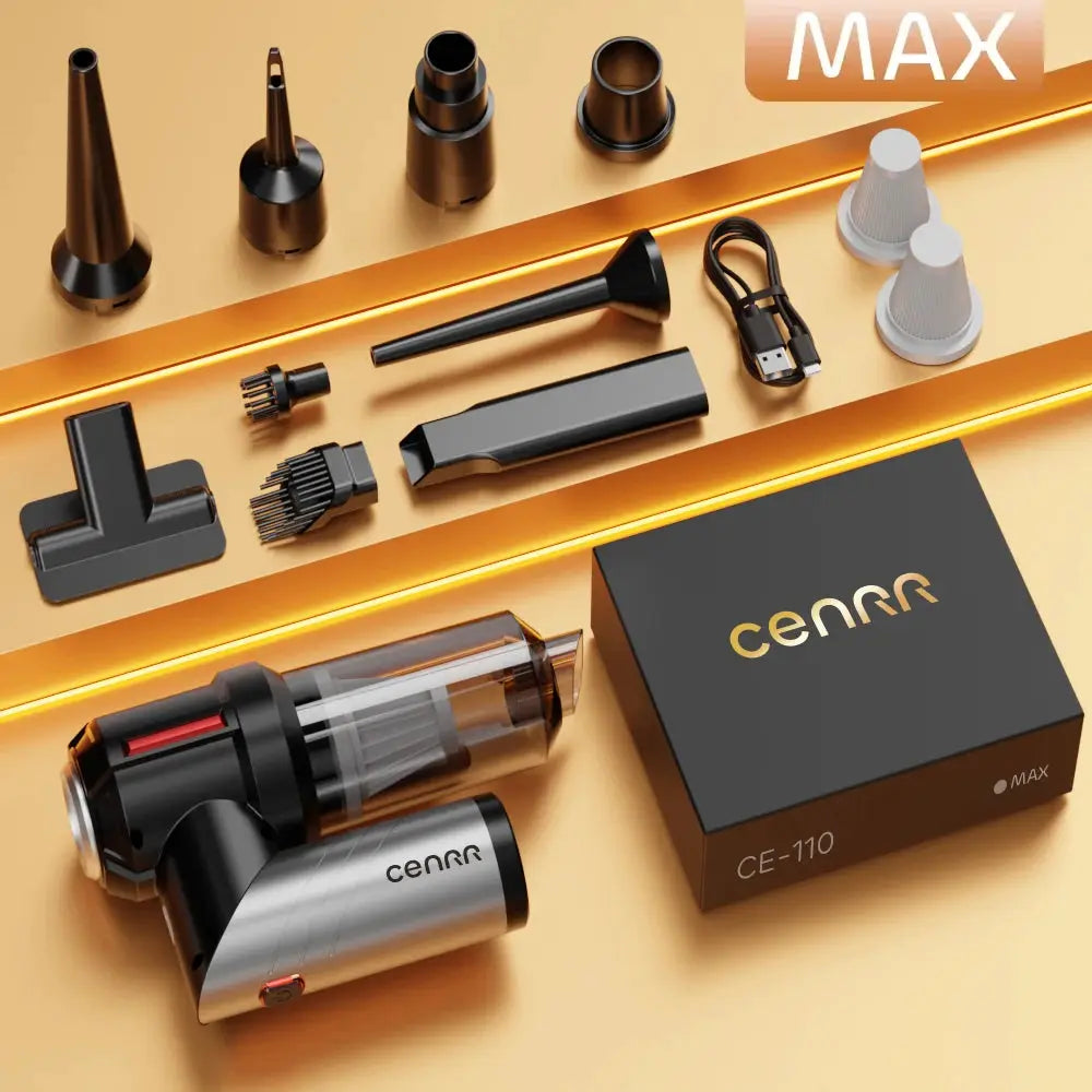 CENRR car vacuum cleaner mini cordless handheld with multiple attachments, USB charger, and gold-black packaging box