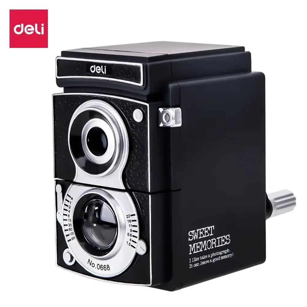 Deli camera-style rotary pencil sharpener, black with chrome dial and lens, Simples Market