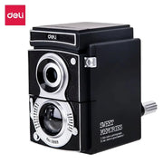 Deli camera-style rotary pencil sharpener, black with chrome dial and lens, Simples Market