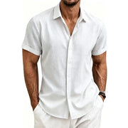 Simples Market men's white cotton–linen short-sleeve shirt, lightweight casual beachwear