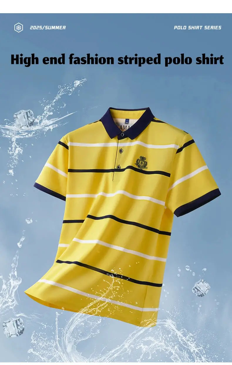 Men's yellow polo shirt with navy collar and horizontal white and navy stripes