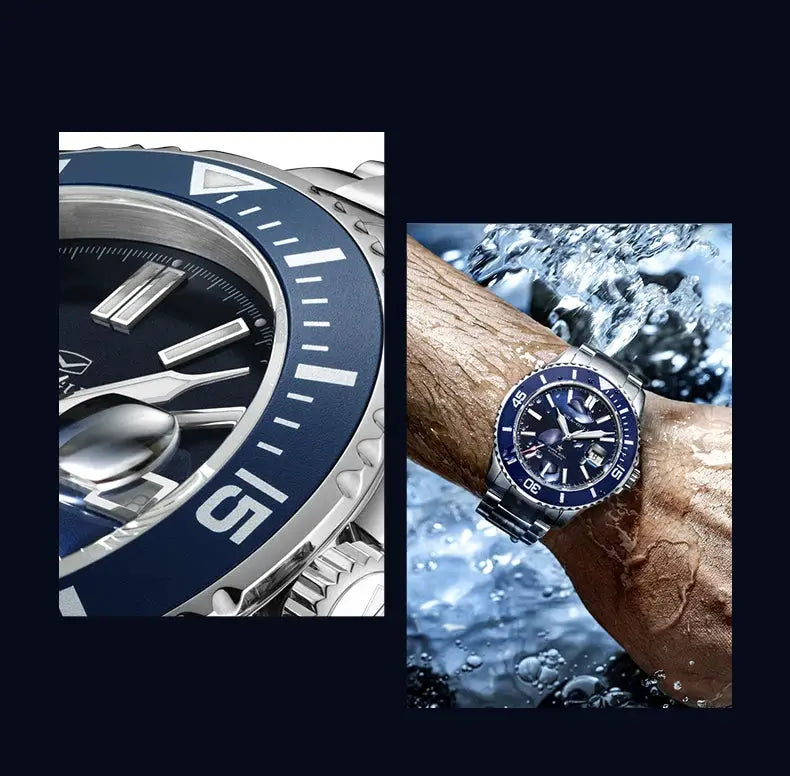Men's Seagull Relogio diving watch with blue bezel and steel bracelet, 200m water resistant