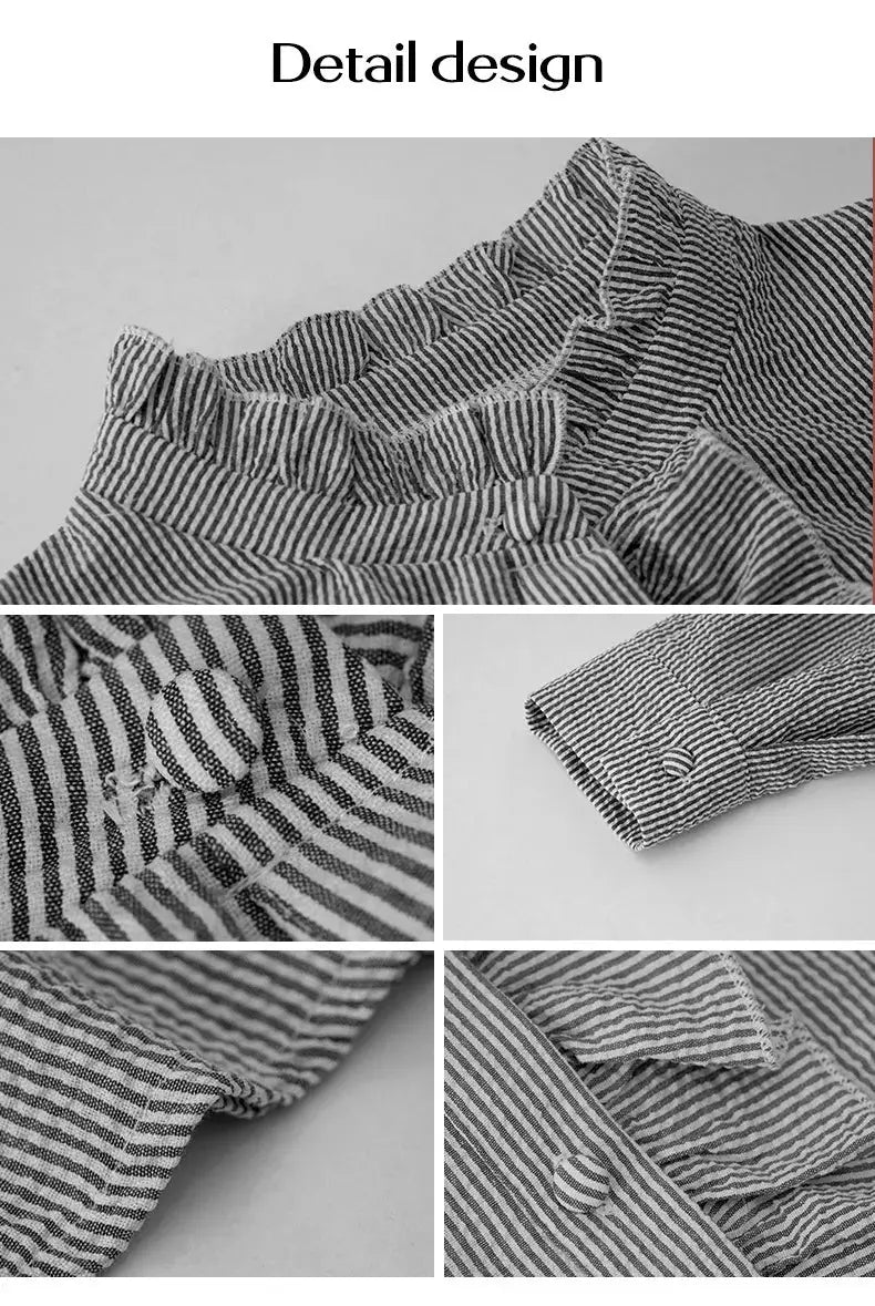 Women's striped long-sleeve shirt with ruched stand collar and buttoned cuffs.