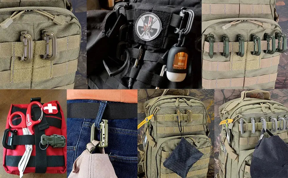 Simples Market tactical D-ring carabiner with Grimlock locking plastic MOLLE clips; collage of six backpack views