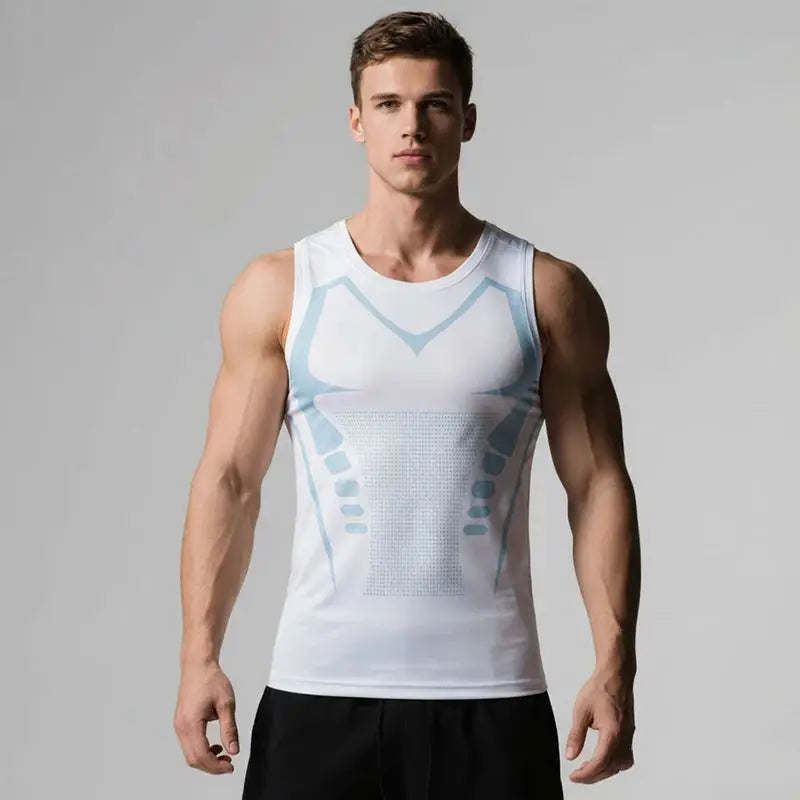Simples Market men's compression vest; white sleeveless undershirt with light blue panel design for gym